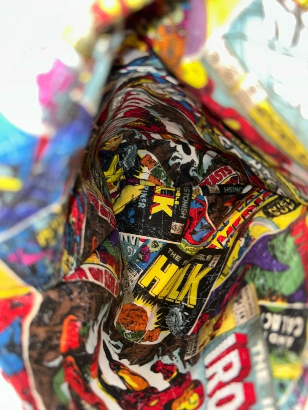 Marvel Comic Collage Fabric Crossbody Bag in Red, Yellow, Blue